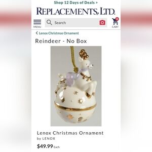 Lenox Mini Sleigh Bell Reindeer Ornament~,Porcelain~Handpainted~Retired